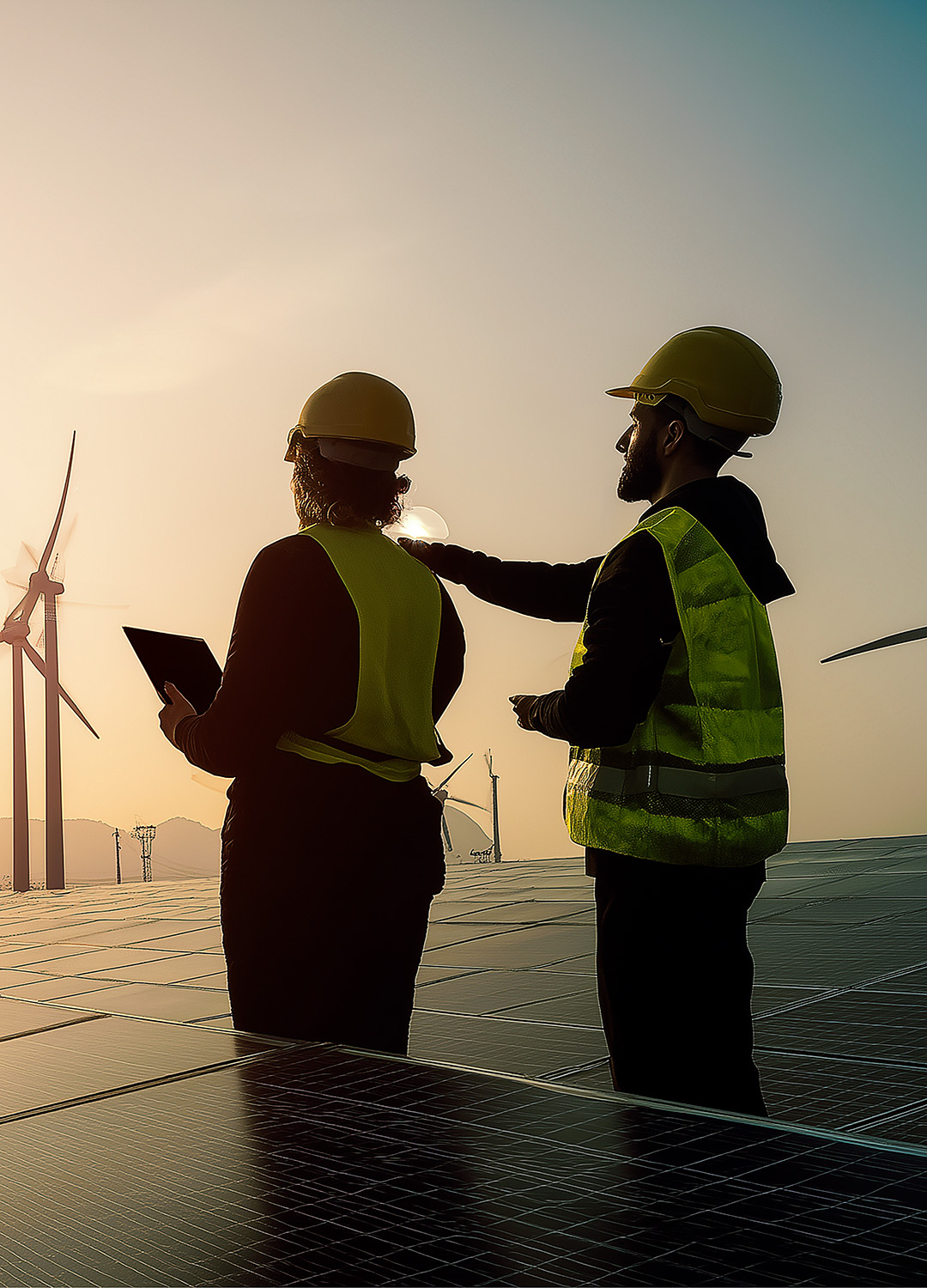 Engineers inspecting solar panels
